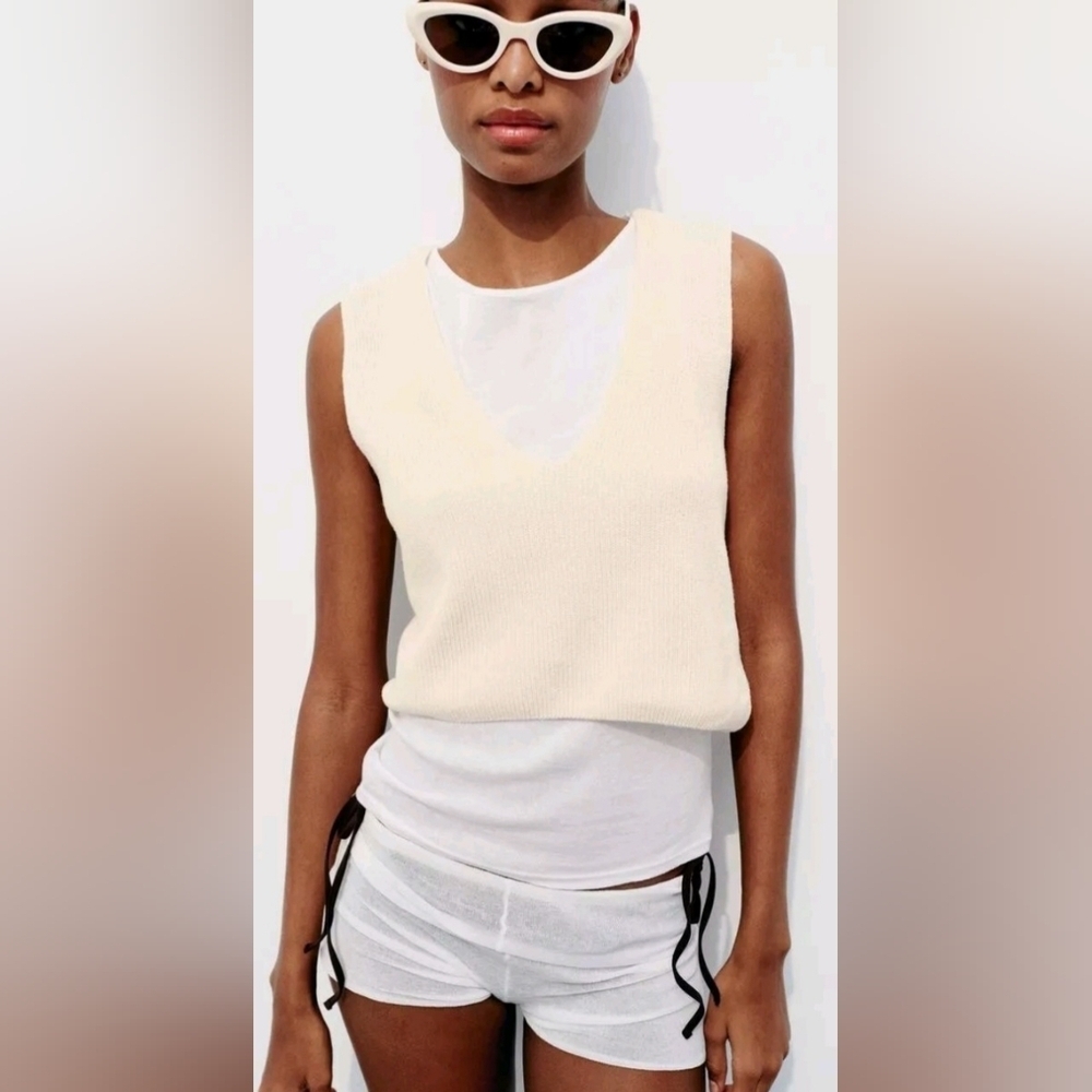 ZARA TOP WITH TRICOT DETAIL ROUND NECK TANK TOP CONTRAST KNIT FABRIC OVERLAY